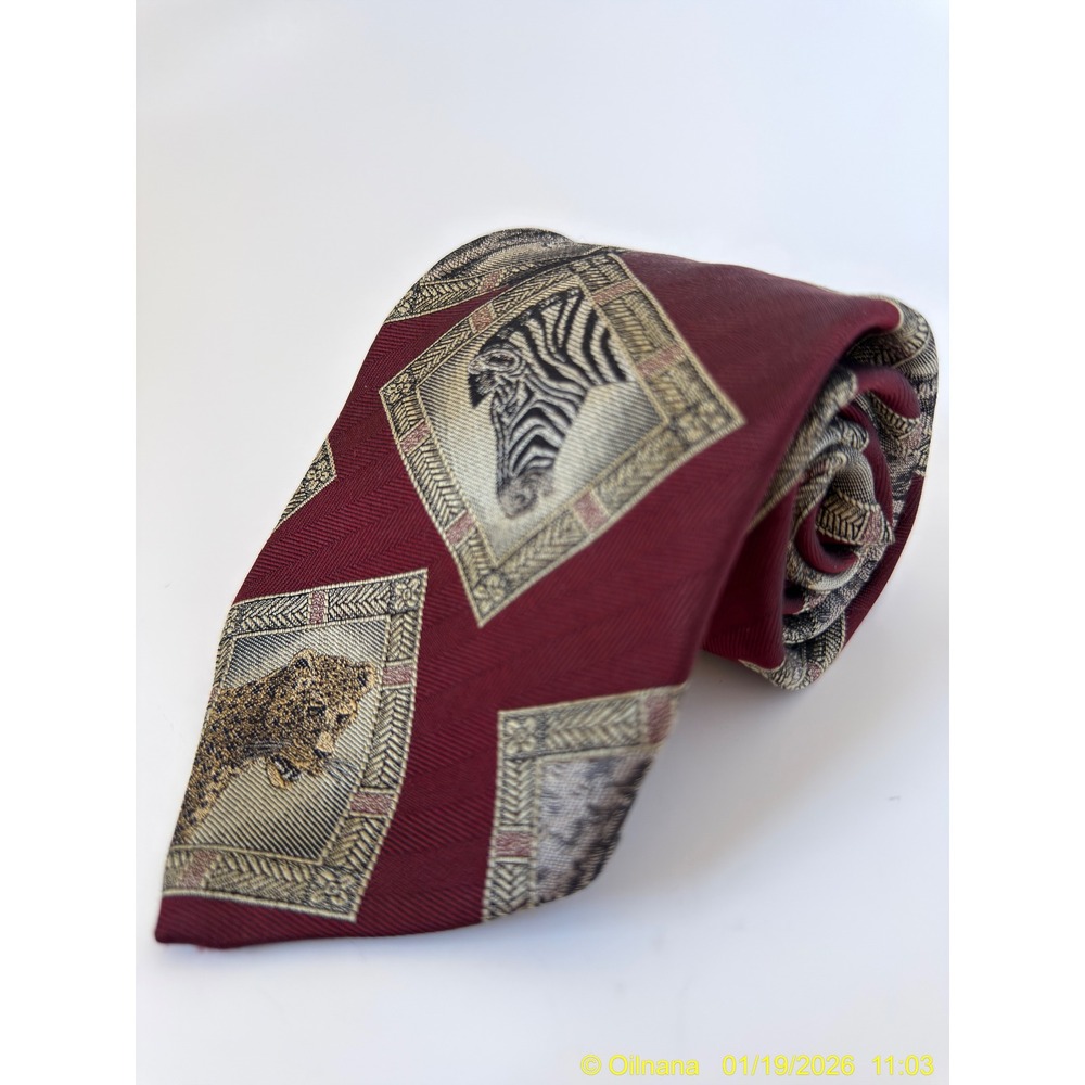 Robert Talbott Mens Tie Burgundy‎ Silk Safari Animal Print 4" x 57.5"